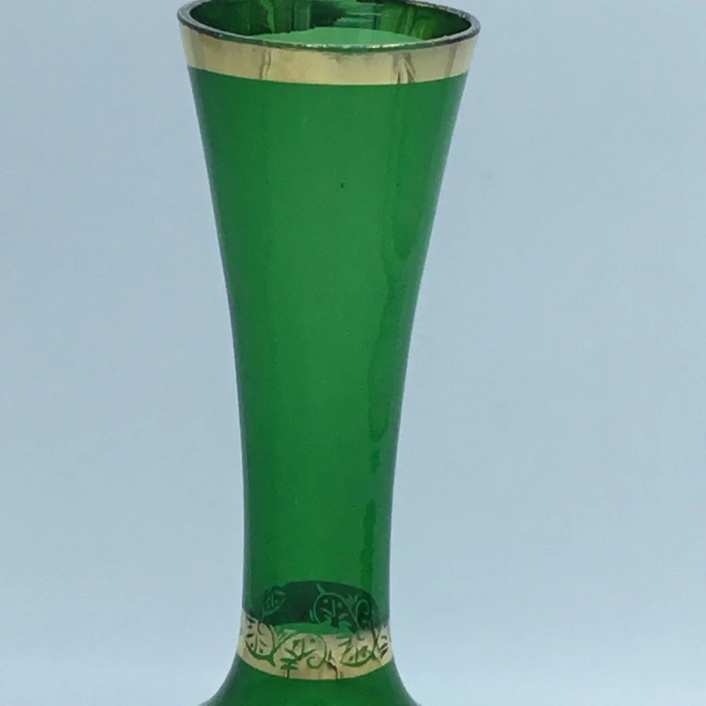 Green Art Glass Floral and Gold Trim Vase
